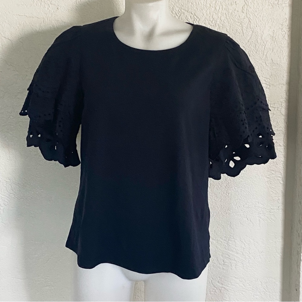 Chico's Black Eyelet Flutter Sleeve Blouse